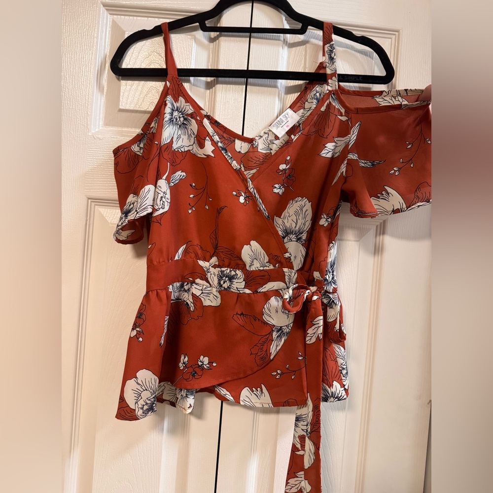 Siena Sky Cold Shoulder Fall Floral Top Side Tie Faux Wrap